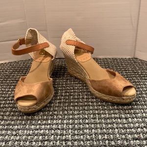 Kanna Tan Suede Peep Toe Espadrille Wedge Sandals